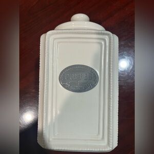 THL White Farmhouse Ceramic Coffee Canister with Silver Label and airtight lid